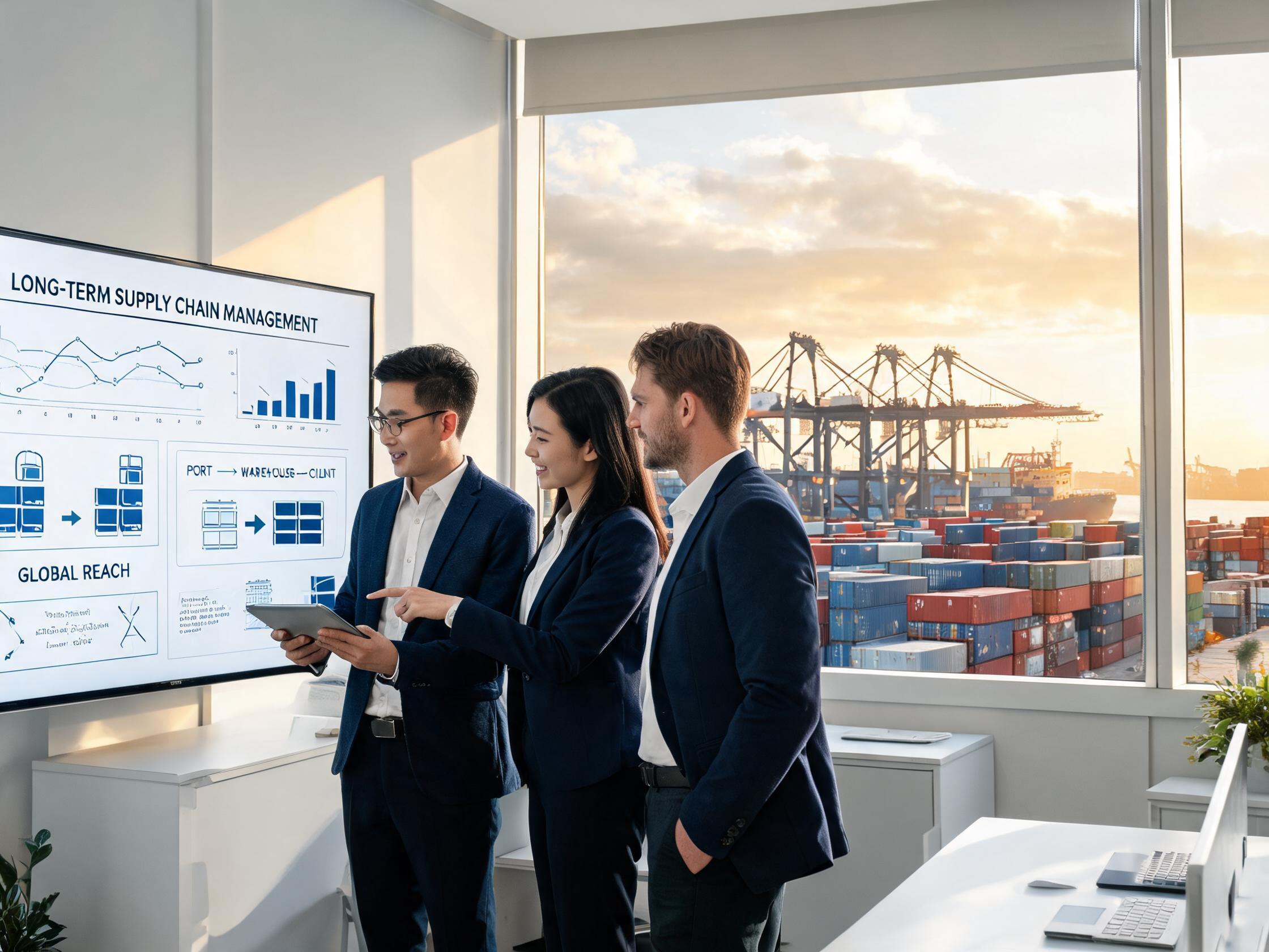 Long-term supply chain management team overlooking port logistics